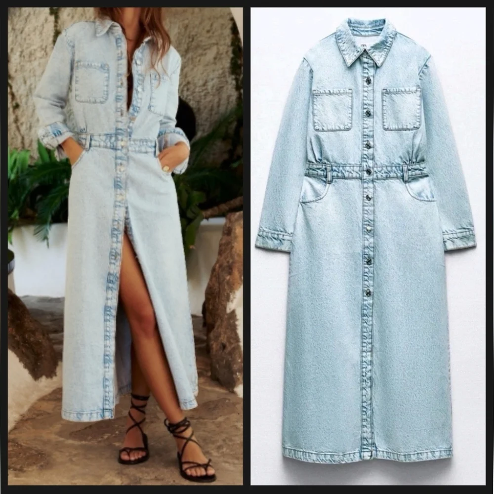 NEW Zara BUTTON DOWN LONG SLEEVE DENIM MIDI DRESS - Picture 2 of 15